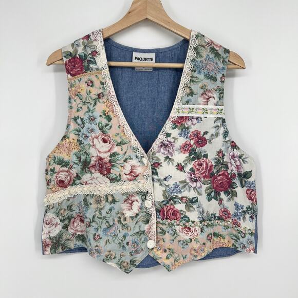 Vtg Paquette Mixed Print Floral Vest Medium 3D Lace Trim Patchwork Cropped USA - Picture 1 of 11
